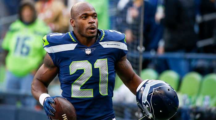 Dec 5, 2021; Seattle, Washington, USA; Seattle Seahawks running back Adrian Peterson (21) returns to the locker room following pregame warmups against the San Francisco 49ers at Lumen Field.